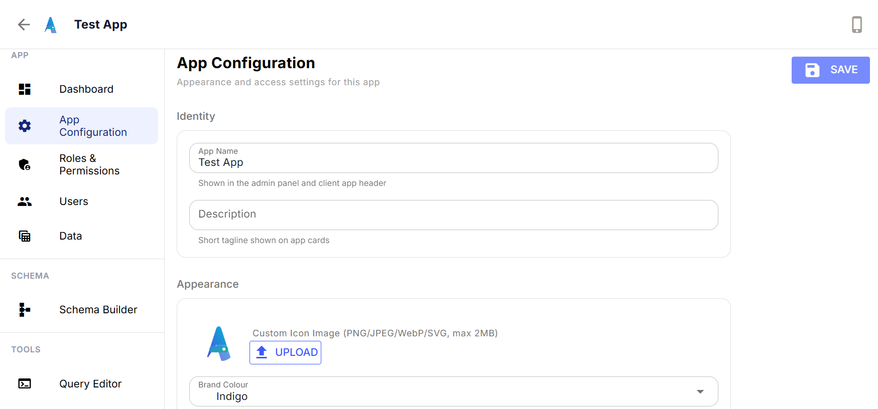 The App Configuration page with icon upload and brand color picker
