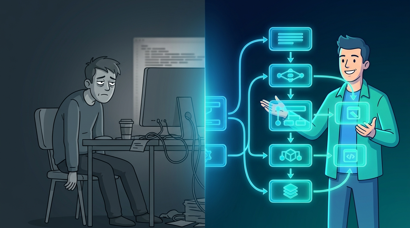 A tired developer at a dim desk on the left, giving way to a confident person guiding a bright, glowing workflow on the right