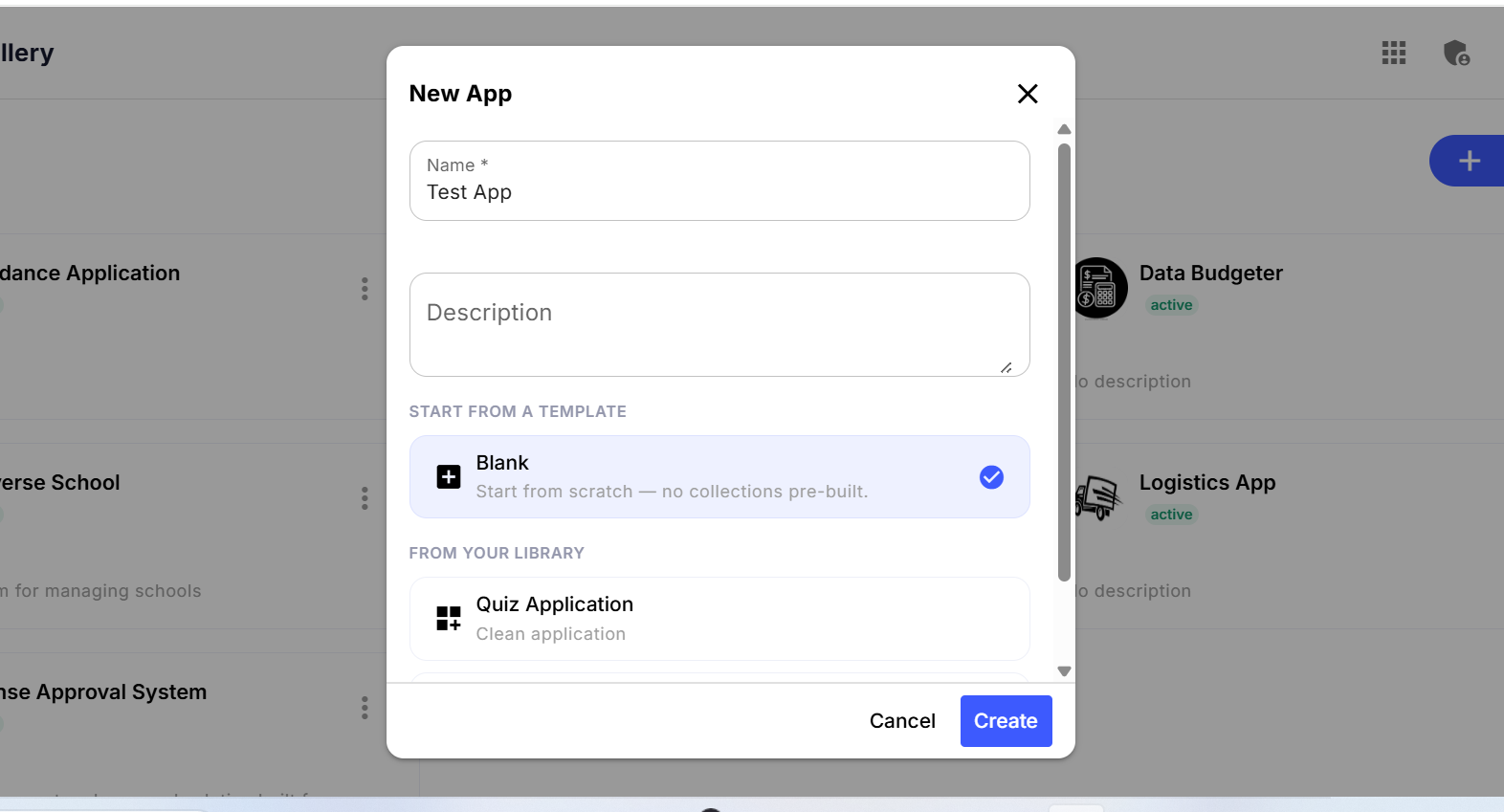 The New App dialog, choosing between a blank app or a template