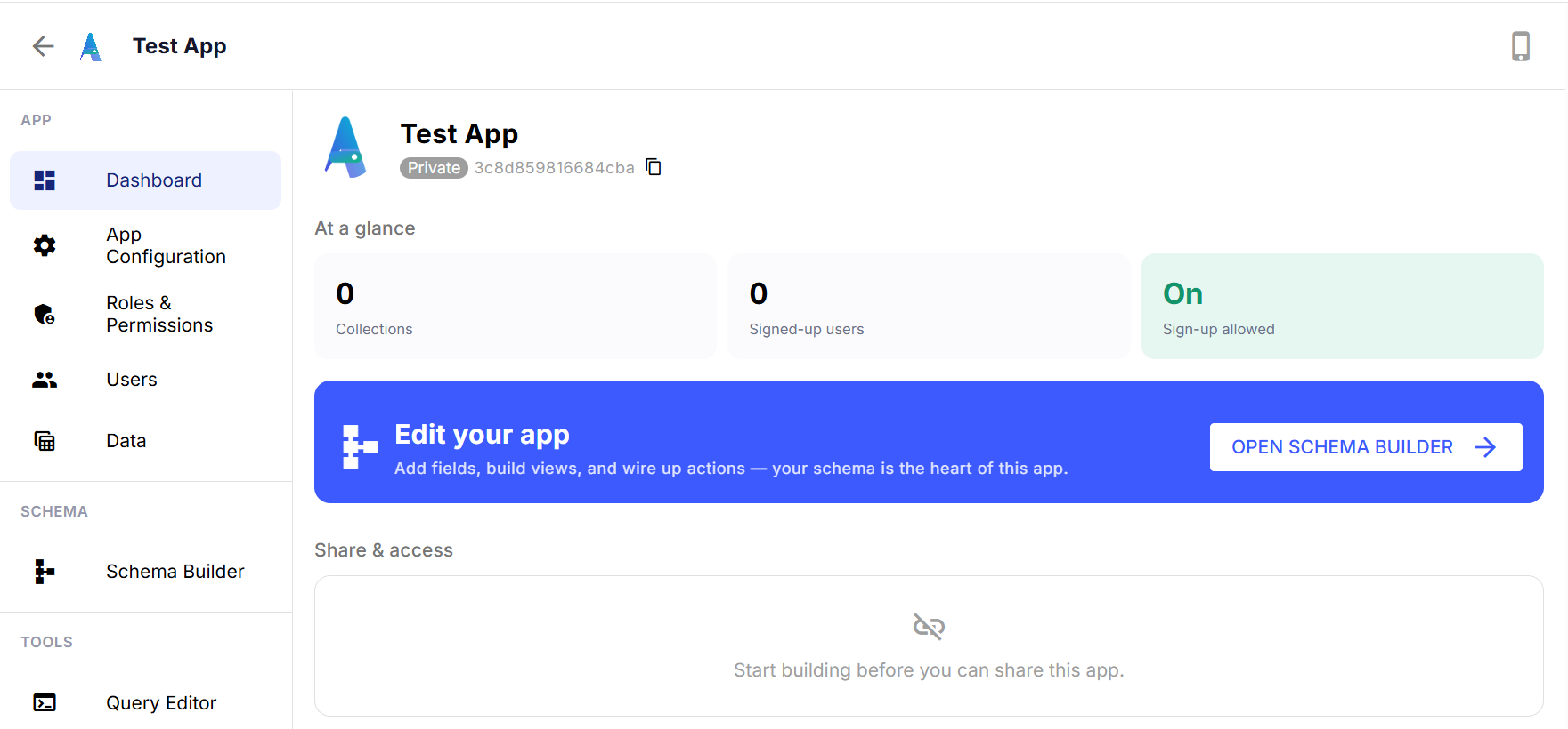 The app dashboard, showing collection count and signed-up users