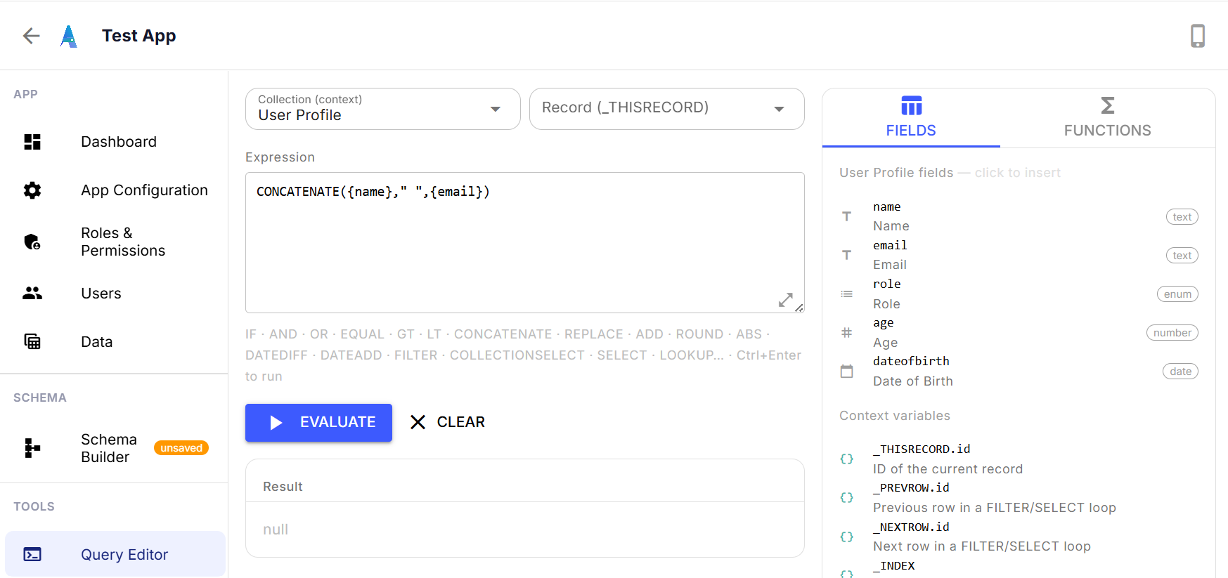 The Query Editor, testing a CONCATENATE formula