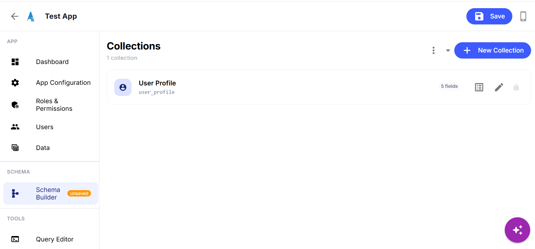 The Schema Builder, showing a User Profile collection