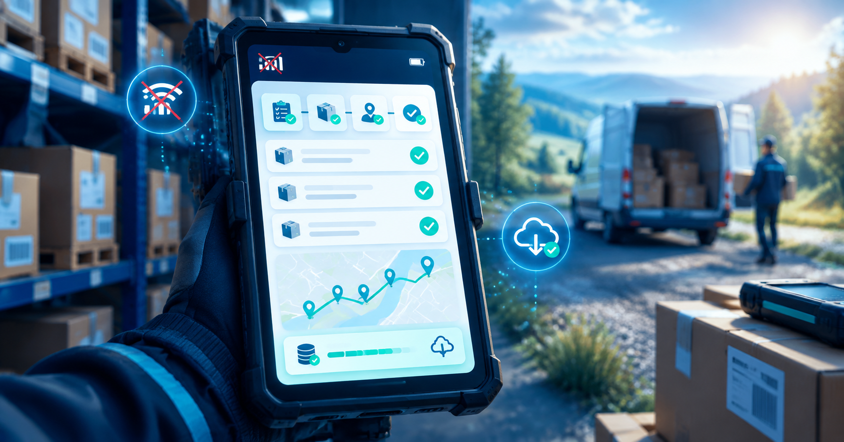A delivery driver updating a route on a rugged device in the field, working offline and syncing once connected